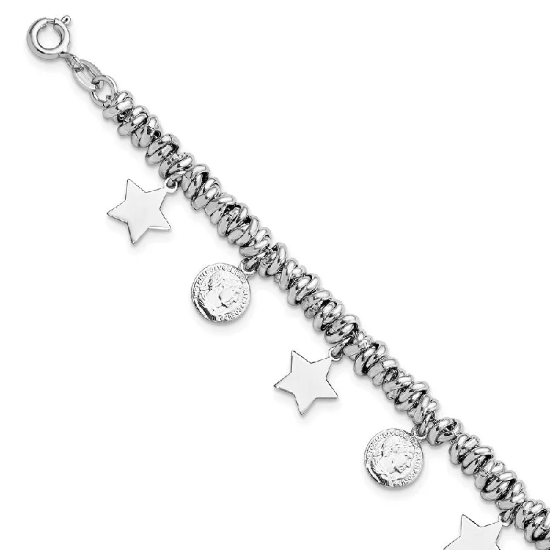 Ladies bangles-925 Sterling Silver Rhodium-plated Coin and Star Charm Bracelet, 7.5" w/1in Extender Bra