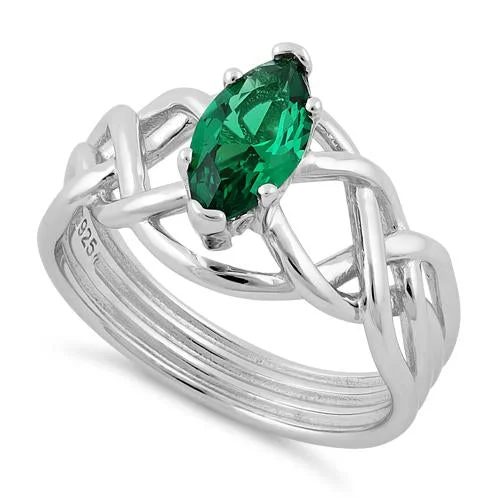 Ladies three-stone ring-Sterling Silver Celtic Emerald Marquise CZ Ring