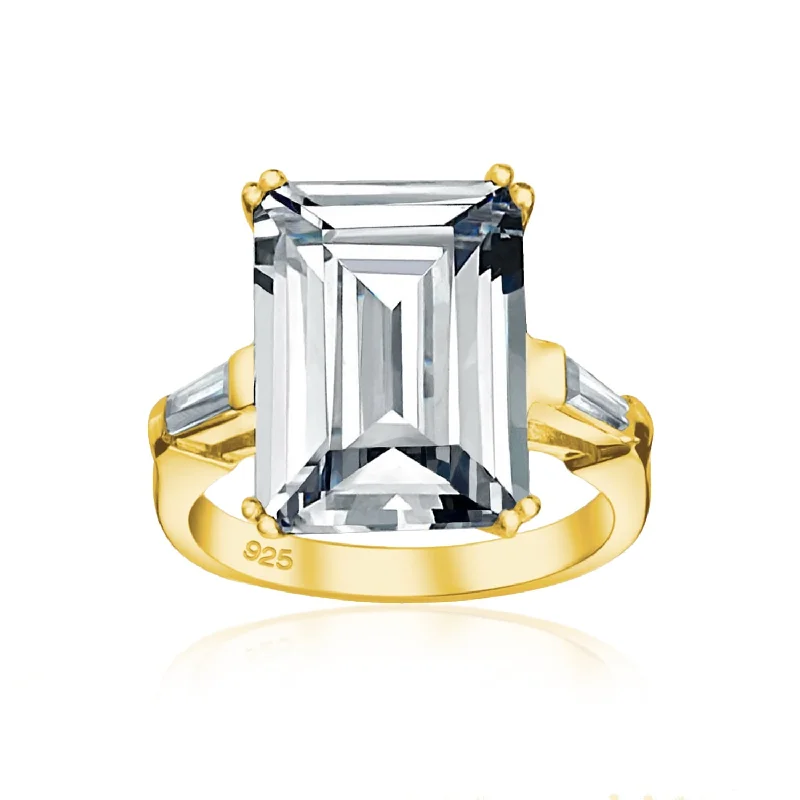 Ladies solitaire diamond engagement ring-10CT Emerald Cut Engagement Ring Sterling Silver Gold Plated