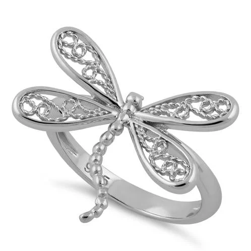 Ladies round diamond ring-Sterling Silver Dragonfly Ring