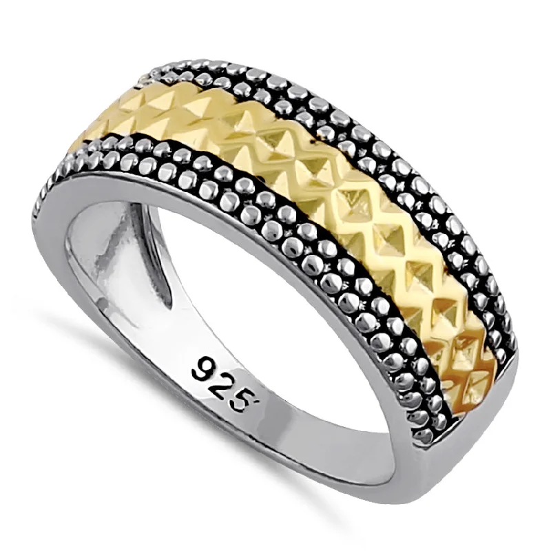 Ladies halo diamond ring with band-Sterling Silver Rustic Two-Tone Ring