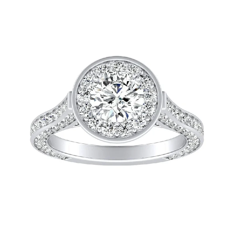 Ladies three-stone engagement ring-Auriya Round 1/2ct Moissanite and 1 1/4ctw Diamond Halo Engagement Ring 14K Gold