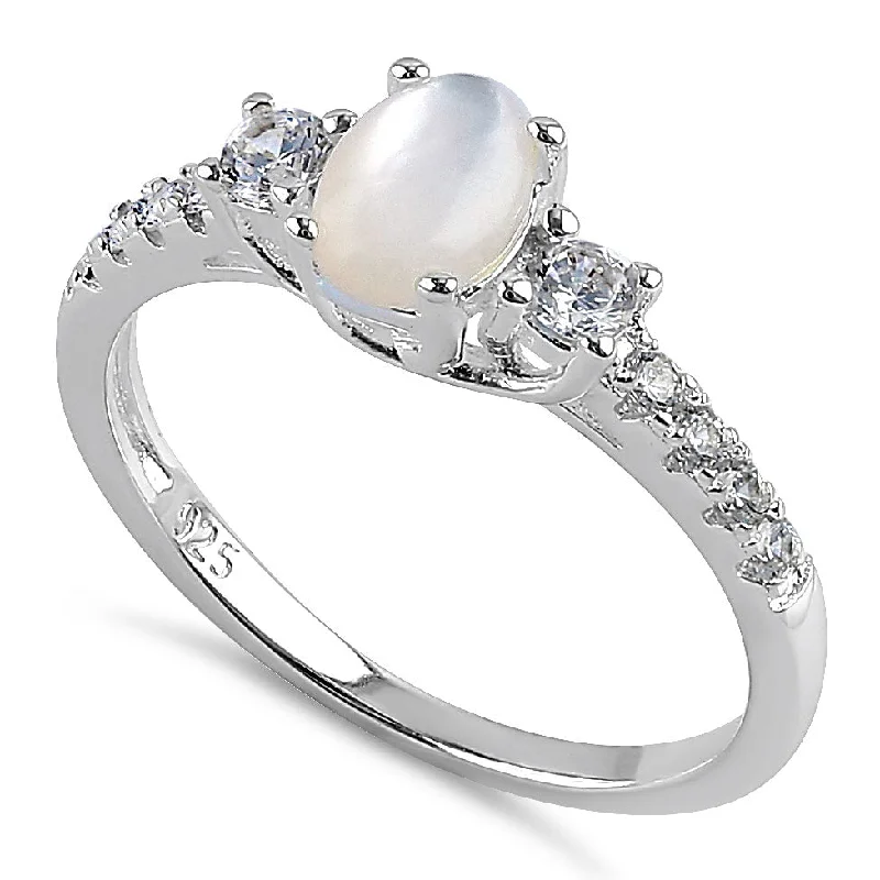 Ladies solitaire ring-Sterling Silver Oval Mother of Pearl CZ Ring