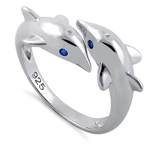 Ladies diamond wedding band-Sterling Silver Twin Dolphin Blue CZ Ring