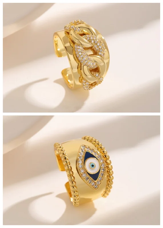 Ladies bespoke engagement ring-Hip-hop Exaggerated Luxurious Eye Copper Plating Inlay Zircon 18k Gold Plated Open Rings