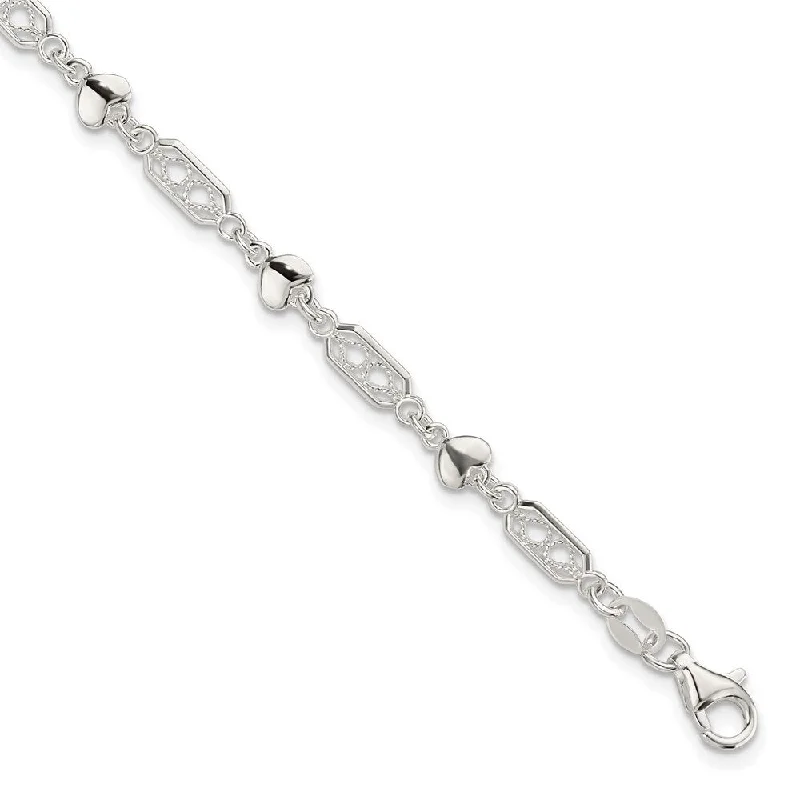 Ladies handmade bracelet-925 Sterling Silver Fancy Heart Link Bracelet, 7.5" (W-4.85mm)