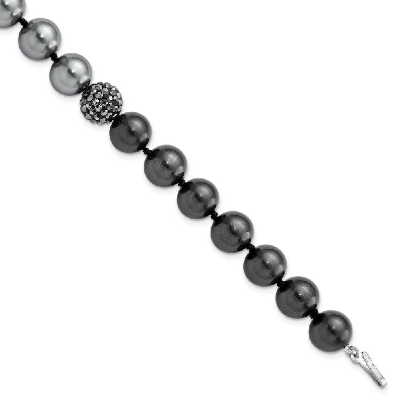 Ladies fashion bracelet-925 Sterling Silver Majestik Rhodium-plated 10-11mm Dk Grey/Black Imitation Shell Pearl Crystal Bracelet, 7.5"