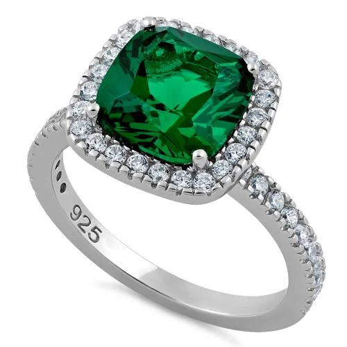 Ladies black gold ring-Sterling Silver Cushion-Cut Green CZ Ring