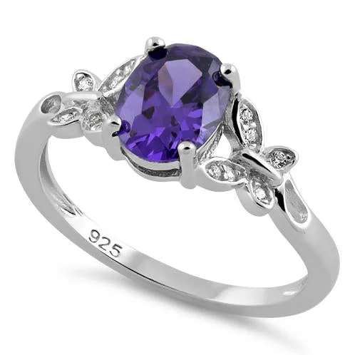 Ladies chunky ring-Sterling Silver Double Butterfly Amethyst Center Stone CZ Ring