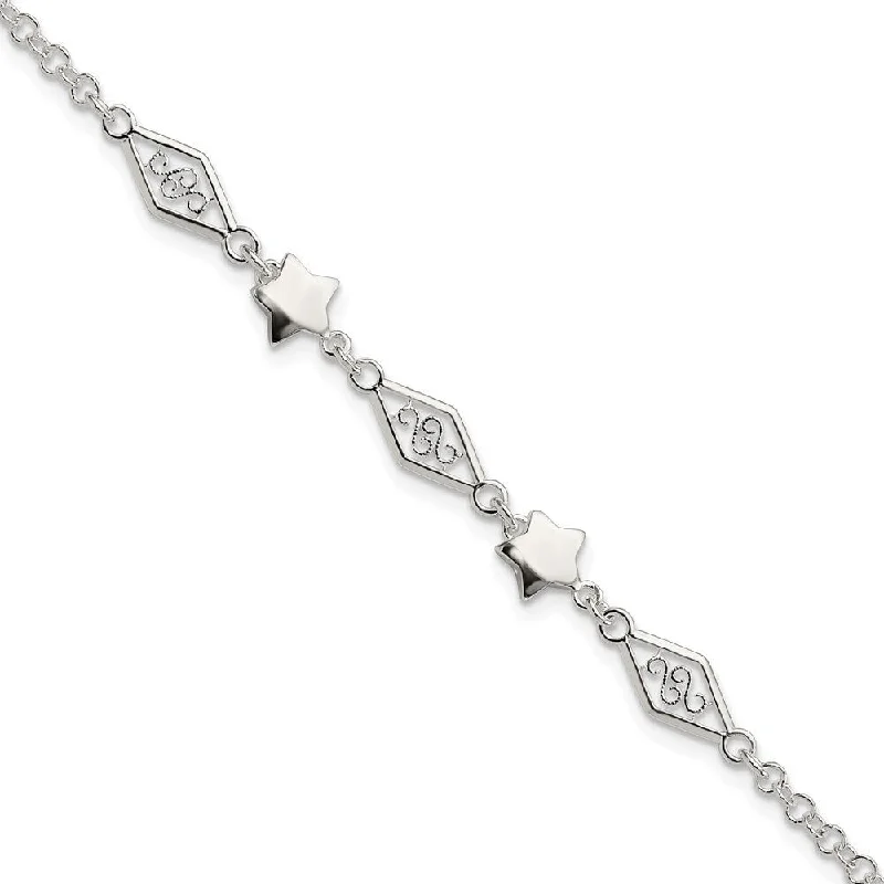 Ladies sterling silver bracelet-925 Sterling Silver Fancy Star Bracelet, 7.5" (W-6.53mm)