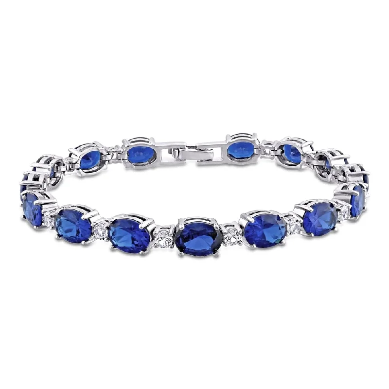 Ladies custom bangles set-Miadora Sterling Silver Created Blue and White Sapphire Oval Link Tennis Bracelet