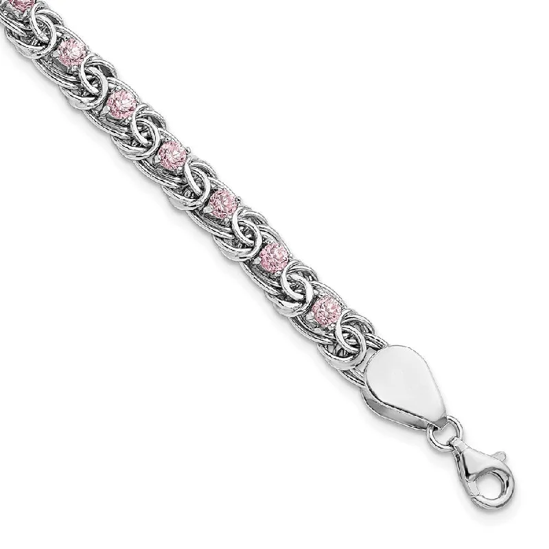 Ladies infinity bangle-925 Sterling Silver Rhodium-plated Pink Cubic Zirconia Flat Link Bracelet, 7.5" (W-5.99mm)