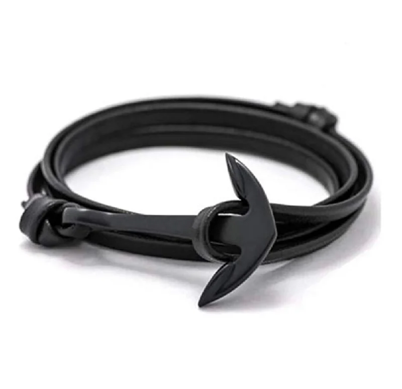 Ladies adjustable bracelet-Black Plated Anchor Wrap Leather Bracelet