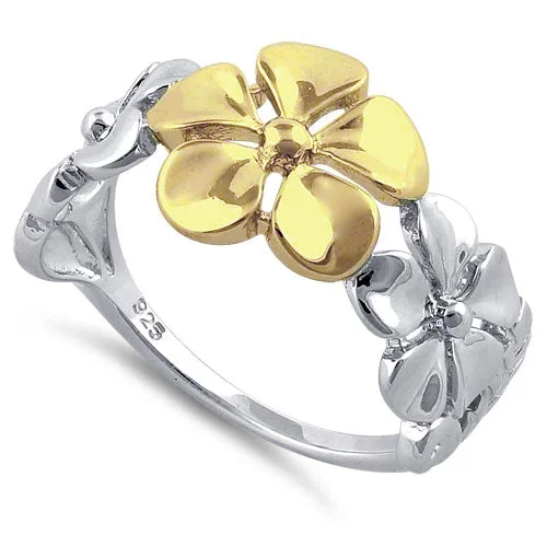 Ladies chunky ring-Sterling Silver Two Tone Gold Plated Triple Plumeria Ring