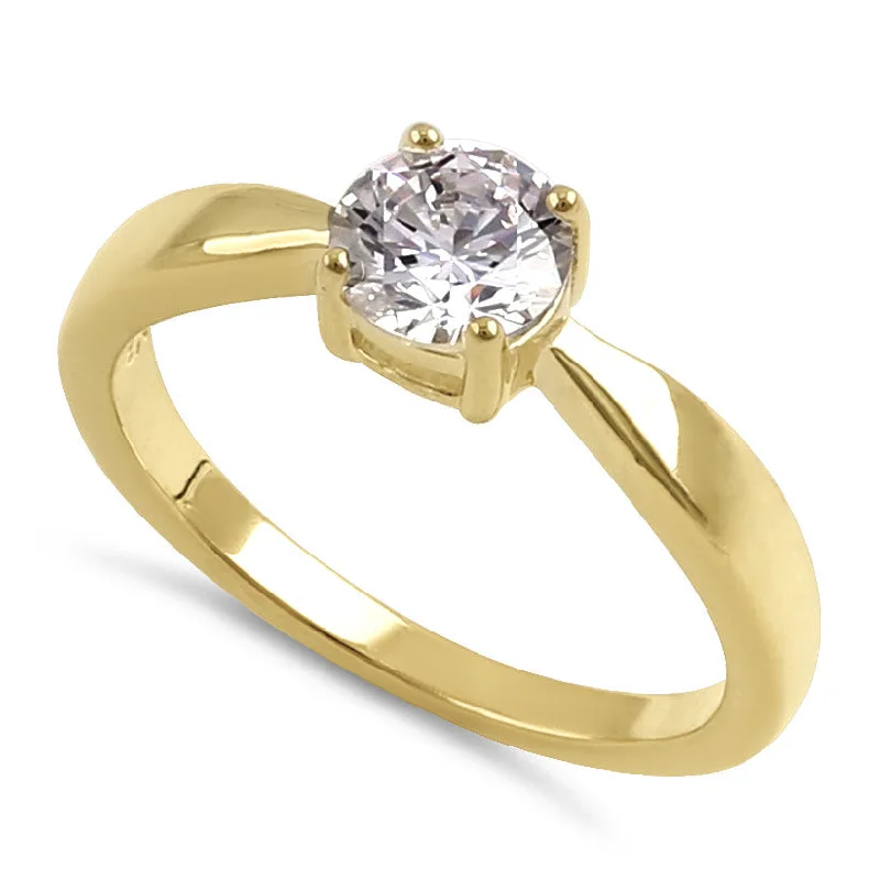 Ladies diamond ring-Sterling Silver 6mm Round Clear CZ Yellow Gold Plated Ring