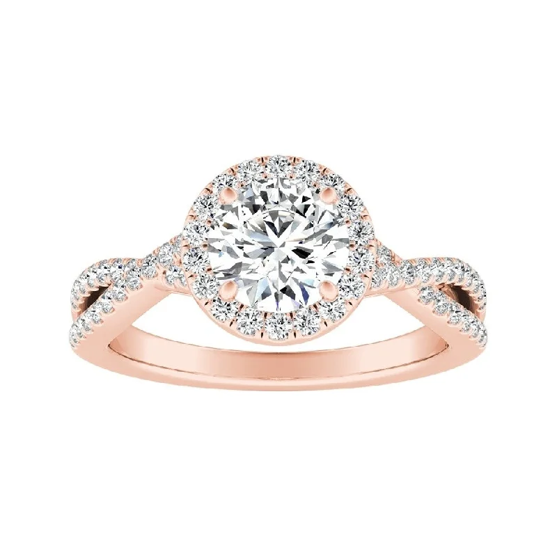 Ladies rose gold engagement ring-Auriya 14k Gold Round 3ct Moissanite and 1/3ctw Halo Diamond Engagement Ring