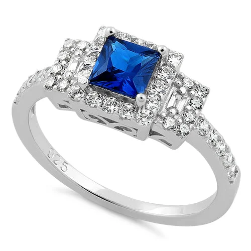 Ladies oval diamond ring-Sterling Silver Square Blue Sapphire CZ Ring