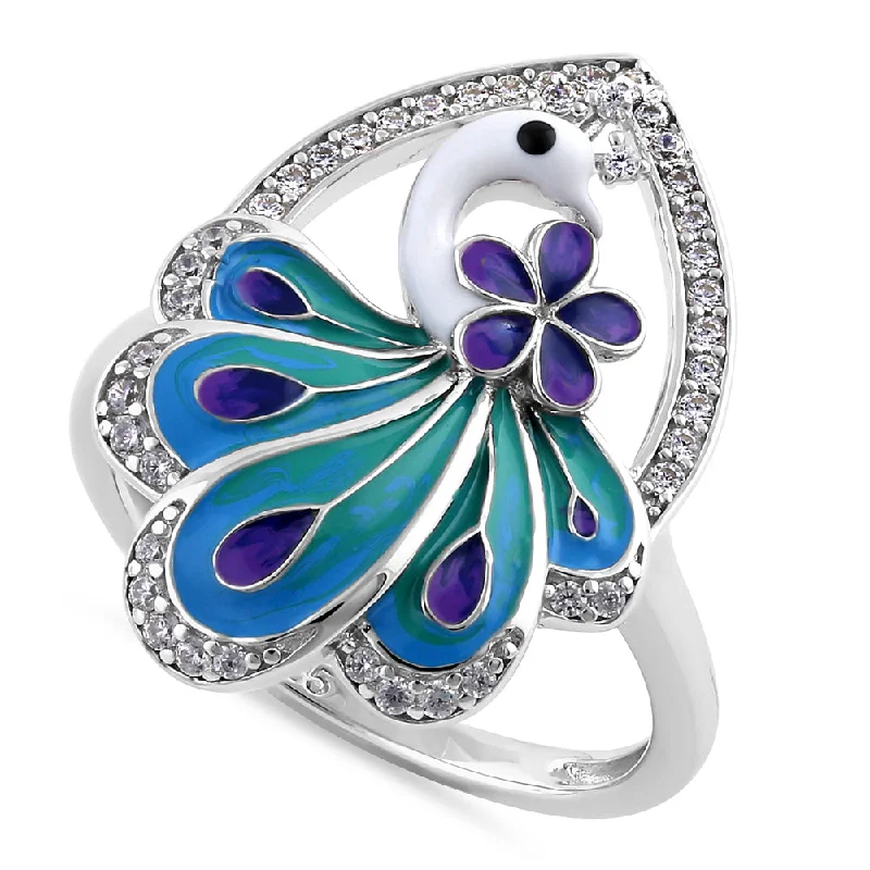 Ladies diamond cluster ring-Sterling Silver Hand-Painted Multi-Colored Peacock Clear CZ Ring