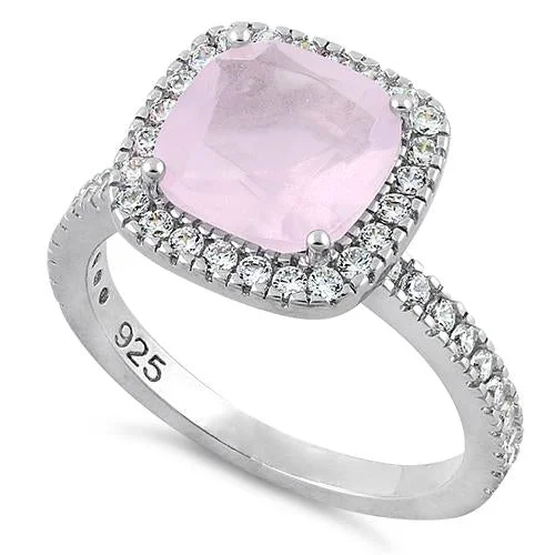 Ladies halo diamond ring with band-Sterling Silver Cushion-Cut Pink CZ Ring