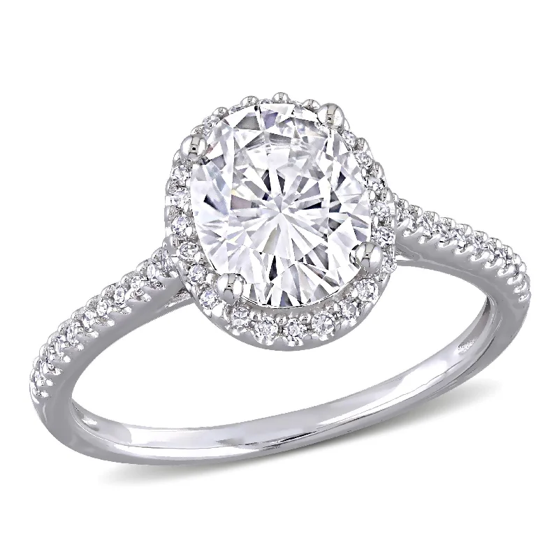 Ladies cushion halo engagement ring-Miadora 2ct DEW Oval-cut Moissanite and 1/4ct TDW Diamond Halo Engagement Ring in 14k White Gold