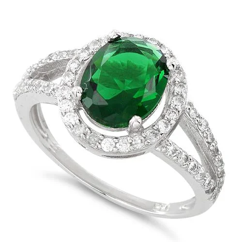 Ladies colorful gemstone ring-Sterling Silver Emerald Oval Halo CZ Ring