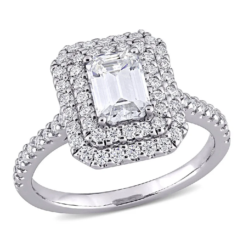 Ladies gold engagement ring-Miadora 1 5/8ct DEW Emerald-cut Moissanite Double Halo Engagement Ring in 10k White Gold