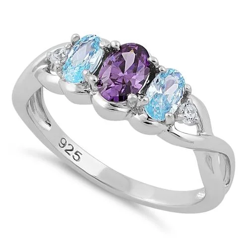 Ladies vintage wedding ring-Sterling Silver Triple Oval Aqua Marine Amethyst CZ Ring