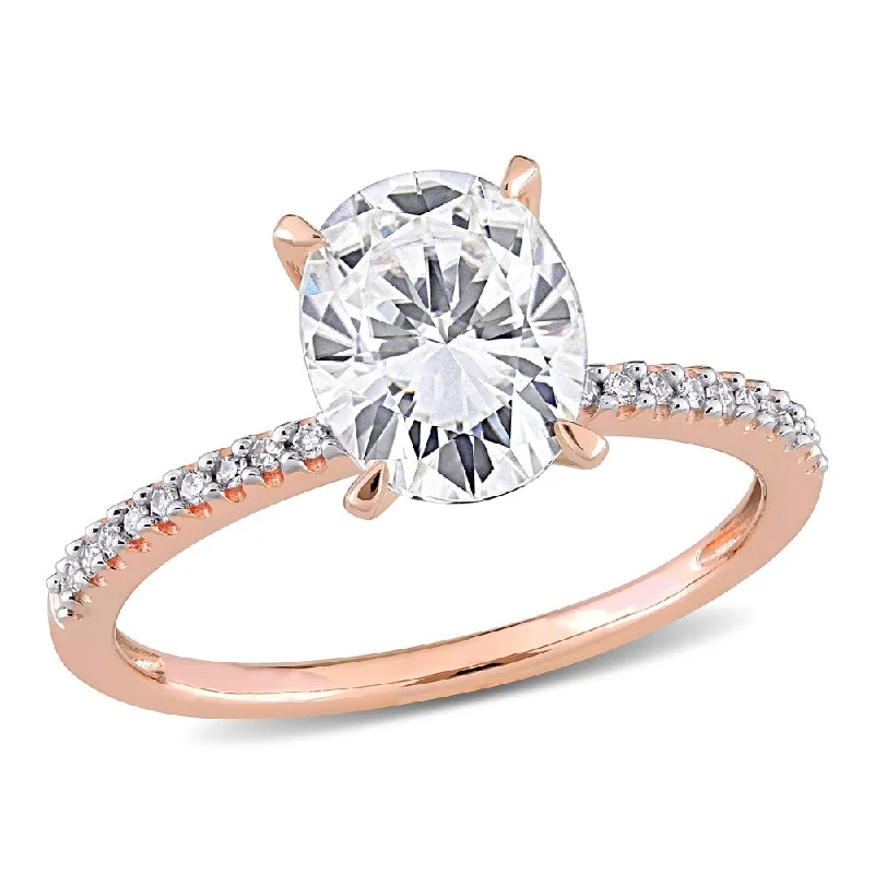 Ladies platinum engagement ring with diamonds-Miadora 2ct DEW Oval-cut Moissanite Solitaire and 1/10ct TDW Diamond Engagement Ring in 14k Rose Gold