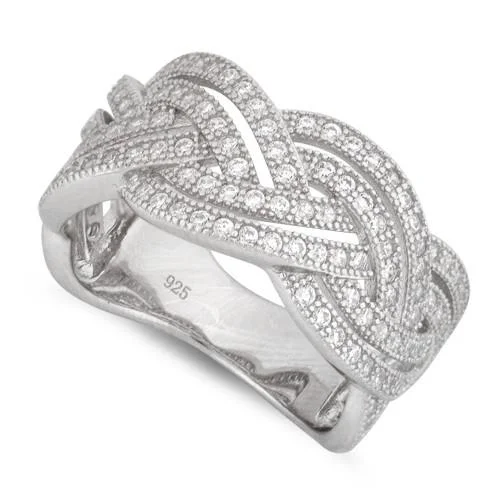 Ladies emerald-cut ring-Sterling Silver Braided Pave CZ Ring