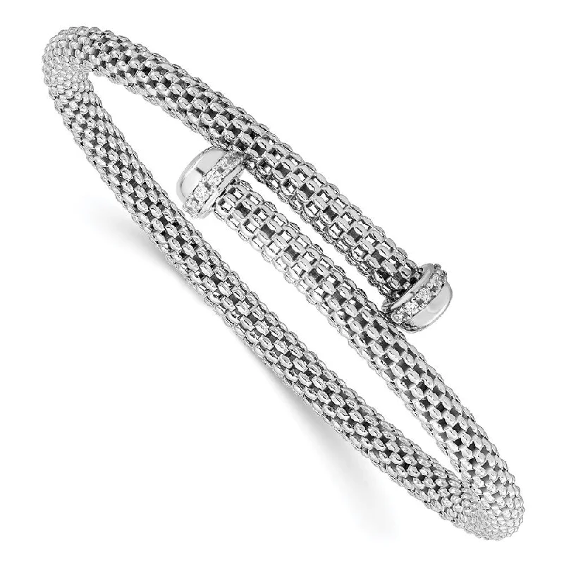 Ladies custom bracelet-925 Sterling Silver Rhodium-plated Cubic Zirconia Flexible Cuff Bangle Bracelet (6.89grm)