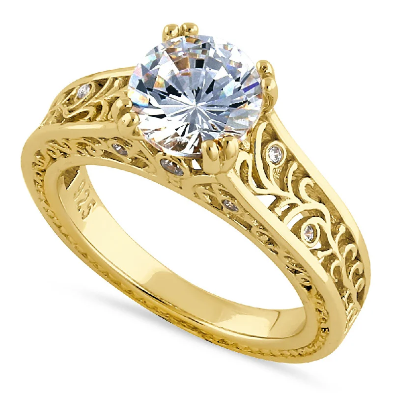 Ladies classic ring-Sterling Silver Gold-Plated Filigree CZ Ring