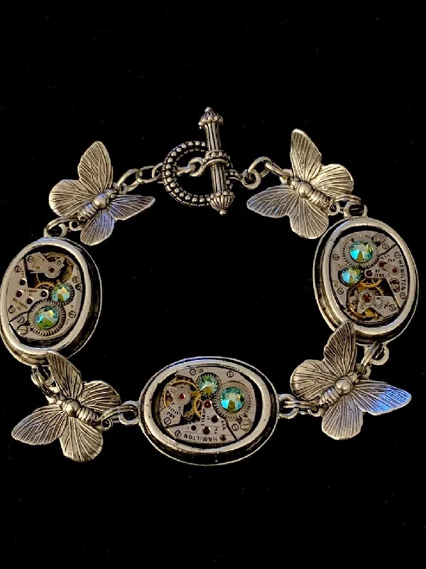 Ladies sterling silver cuff bracelet-Steampunk Jewelry Butterfly Bracelet - Beautiful upcycled watch parts and vintage style butterfly charms transformed into a one of a kind Bracelet