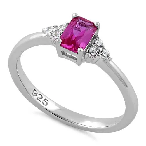 Ladies unique gemstone ring-Sterling Silver Precious Emerald Cut Pink CZ Ring