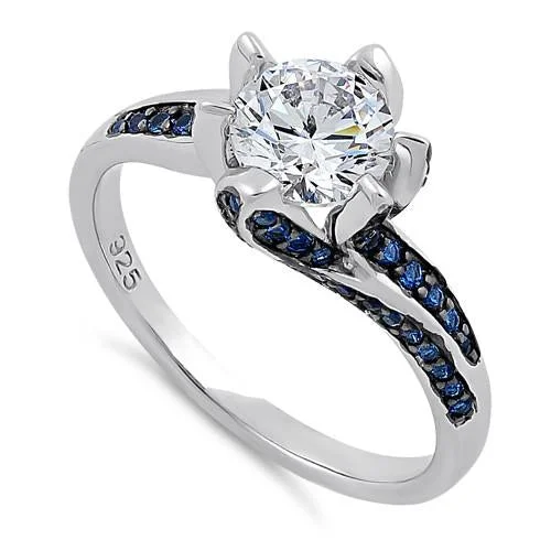 Ladies gold wedding band-Sterling Silver Round Cut Clear & Blue Spinel CZ Ring