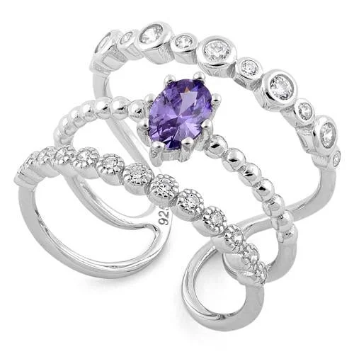 Ladies black diamond ring-Sterling Silver Triple Amethyst CZ Ring