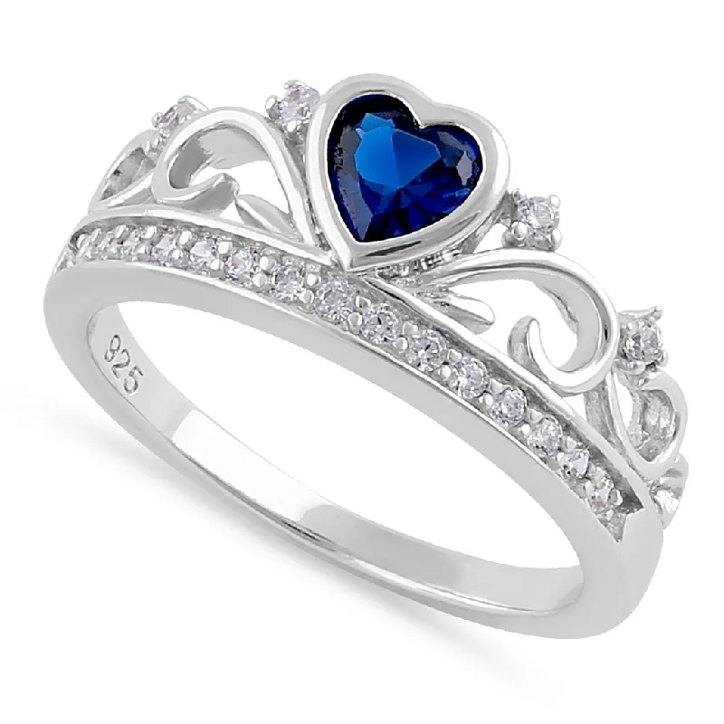 Ladies gemstone eternity ring-Sterling Silver Heart Crown Blue Sapphire CZ Ring