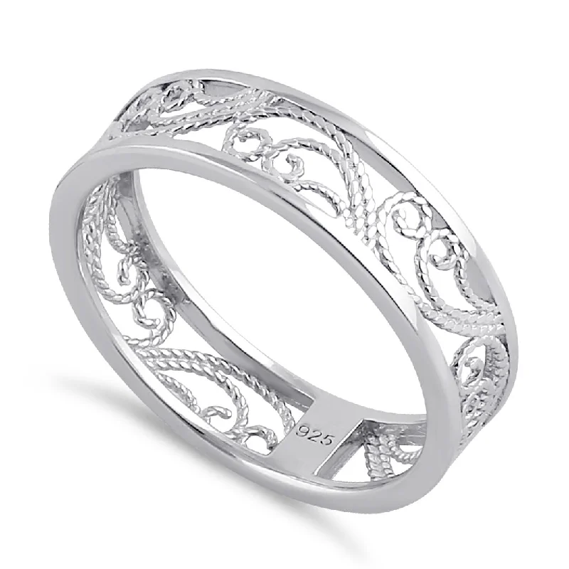 Ladies stylish engagement ring-Sterling Silver Rope Filigree Band Ring