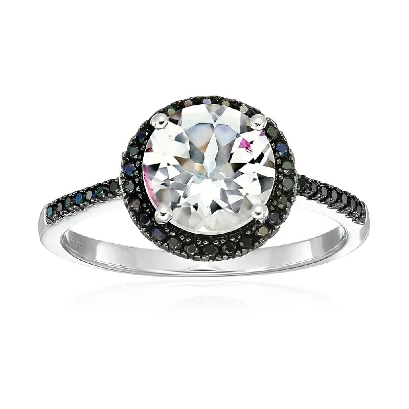 Ladies engagement ring with sapphire accents-Sterling Silver White Topaz & Black Spinel Halo Engagement Ring, Size 7