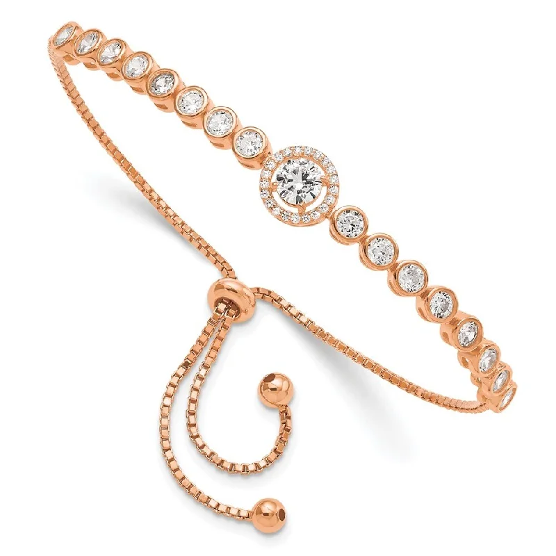 Ladies link bracelet-925 Sterling Silver Rose-tone Bezel Set Cubic Zirconia & Cubic Zirconia Halo Adjustable Bracelet