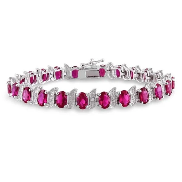 Ladies minimalistic bracelet-Miadora Silver Created Ruby and Diamond Accent Tennis Bracelet