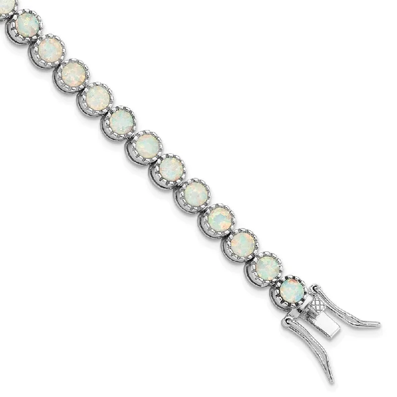 Ladies bangle bracelet-925 Sterling Silver Rhodium-plated Beaded White Created Opal Inlay Bracelet, 7" (W-5.7mm)