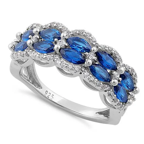 Ladies sapphire wedding ring-Sterling Silver Decorative Marquise & Round Cut Blue Spinel CZ Ring