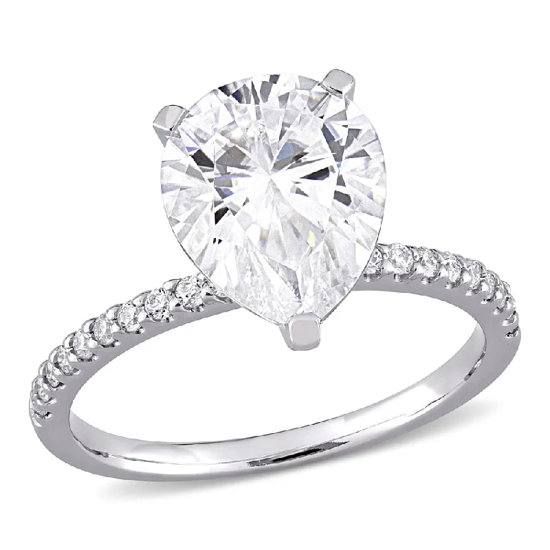 Ladies engagement ring with hidden diamonds-Miadora 3 1/2ct DEW Pear-cut Moissanite Solitaire Engagement Ring in 10k White Gold