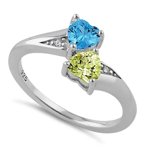 Ladies anniversary ring-Sterling Silver Double Heart Blue Topaz & Apple Green CZ Ring