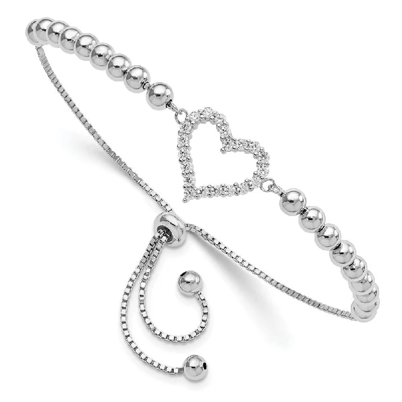 Ladies vintage bracelet-925 Sterling Silver Rhodium-plated Beaded Cubic Zirconia Heart Adjustable Bracelet