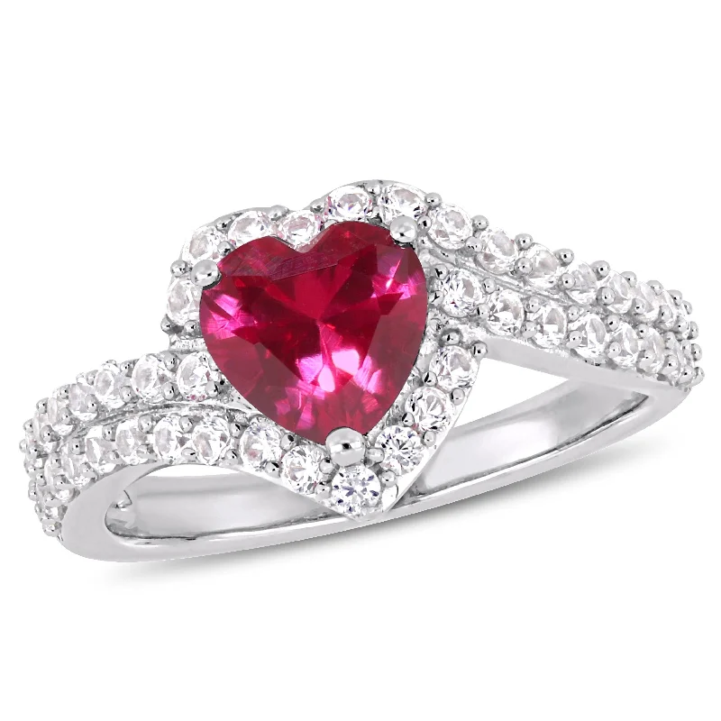 Ladies platinum engagement ring-Miadora 2 1/2ct TGW Created White Sapphire and Created Ruby Heart Halo Engagement Ring in Sterling Silver