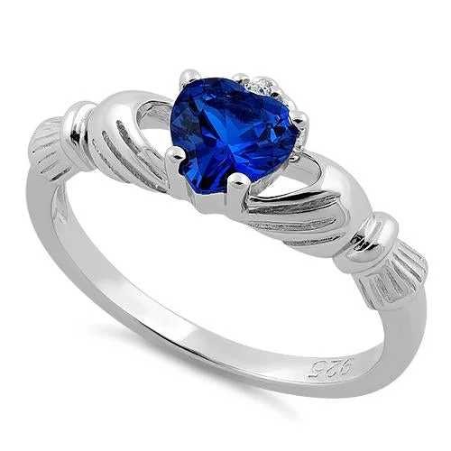 Ladies adjustable ring-Sterling Silver Claddagh Blue Sapphire CZ Ring