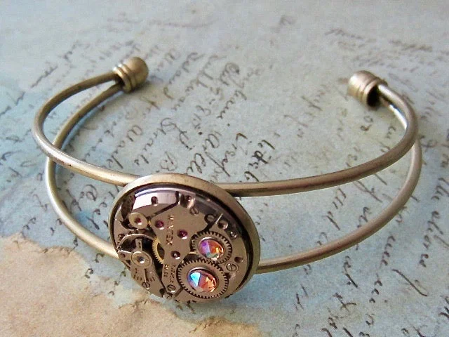 Ladies birthstone bangle-Steampunk Bracelet - In the Works - Steampunk watch parts cuff