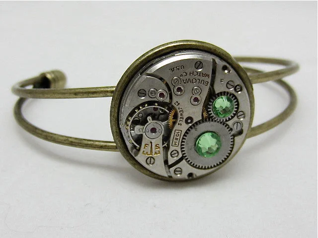 Ladies crystal charm bracelet-Steampunk Bracelet - In the Works - Steampunk watch parts cuff - bracelet - Peridot