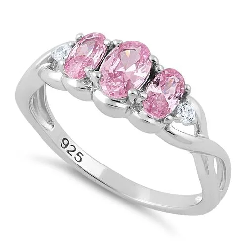 Ladies luxury ring-Sterling Silver Triple Oval Pink CZ Ring